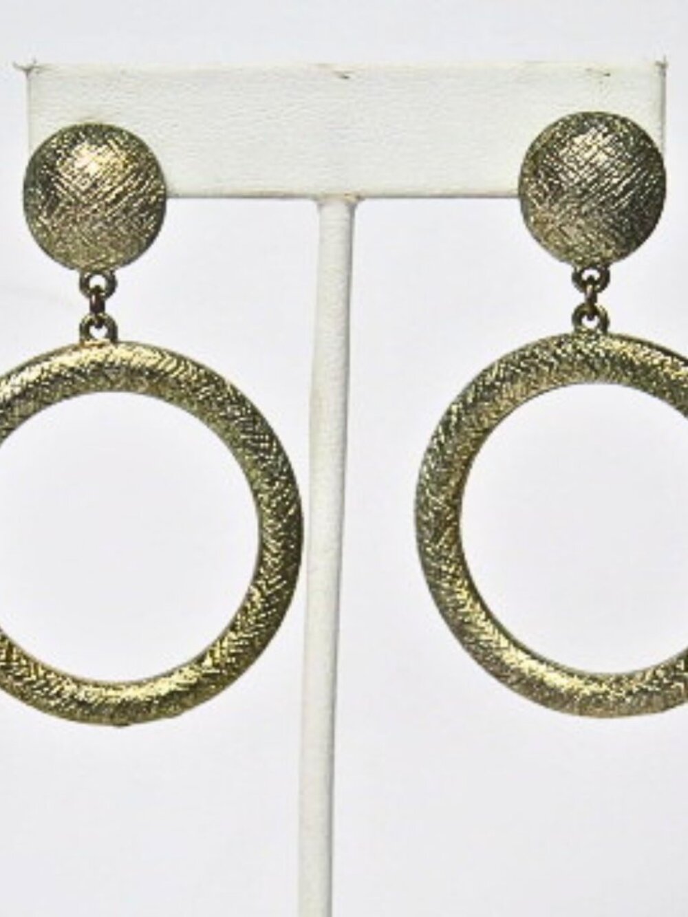 Gold Tone Textured Circle Drop Earrings Large Round Statement Estate Jewelry